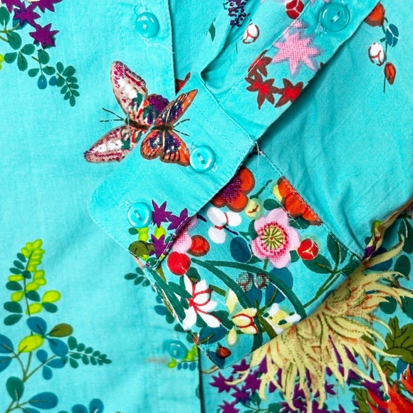 Soft Surroundings Turquoise Floral Butterfly Linen Blend Shirt Dress Size L - Picture 6 of 10